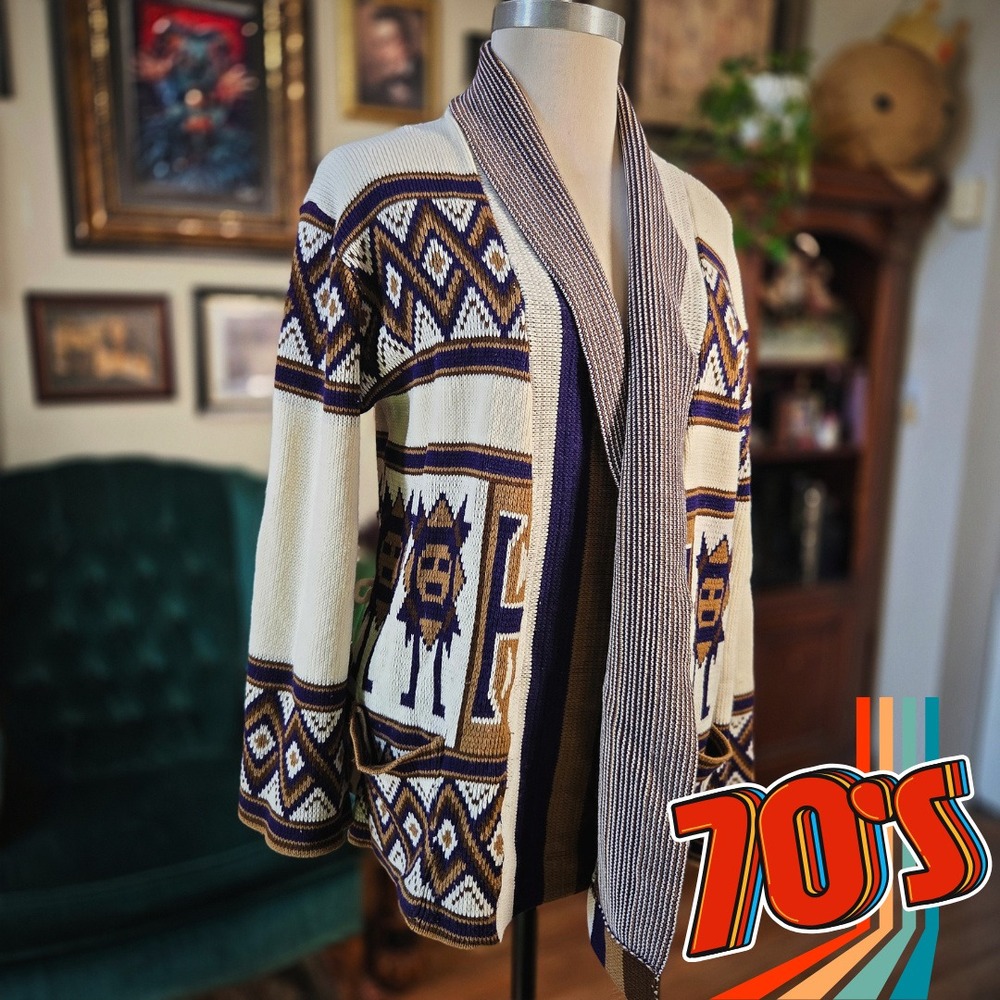 Ades Cardigan Vintage 70s Aztec Tribal Geometric Shawl Collar Knit‎ Sweater XL